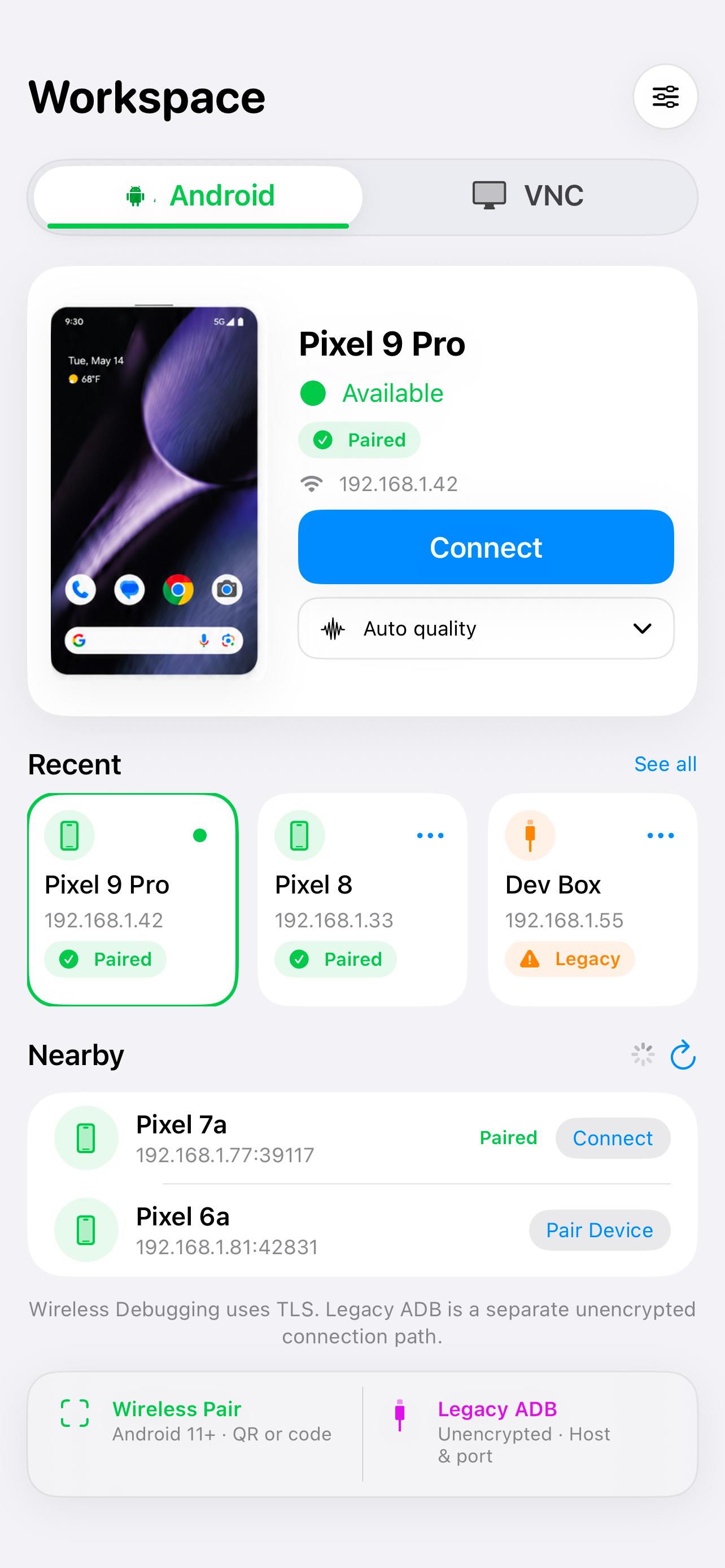 RemoteOrbit Android connection workspace in English