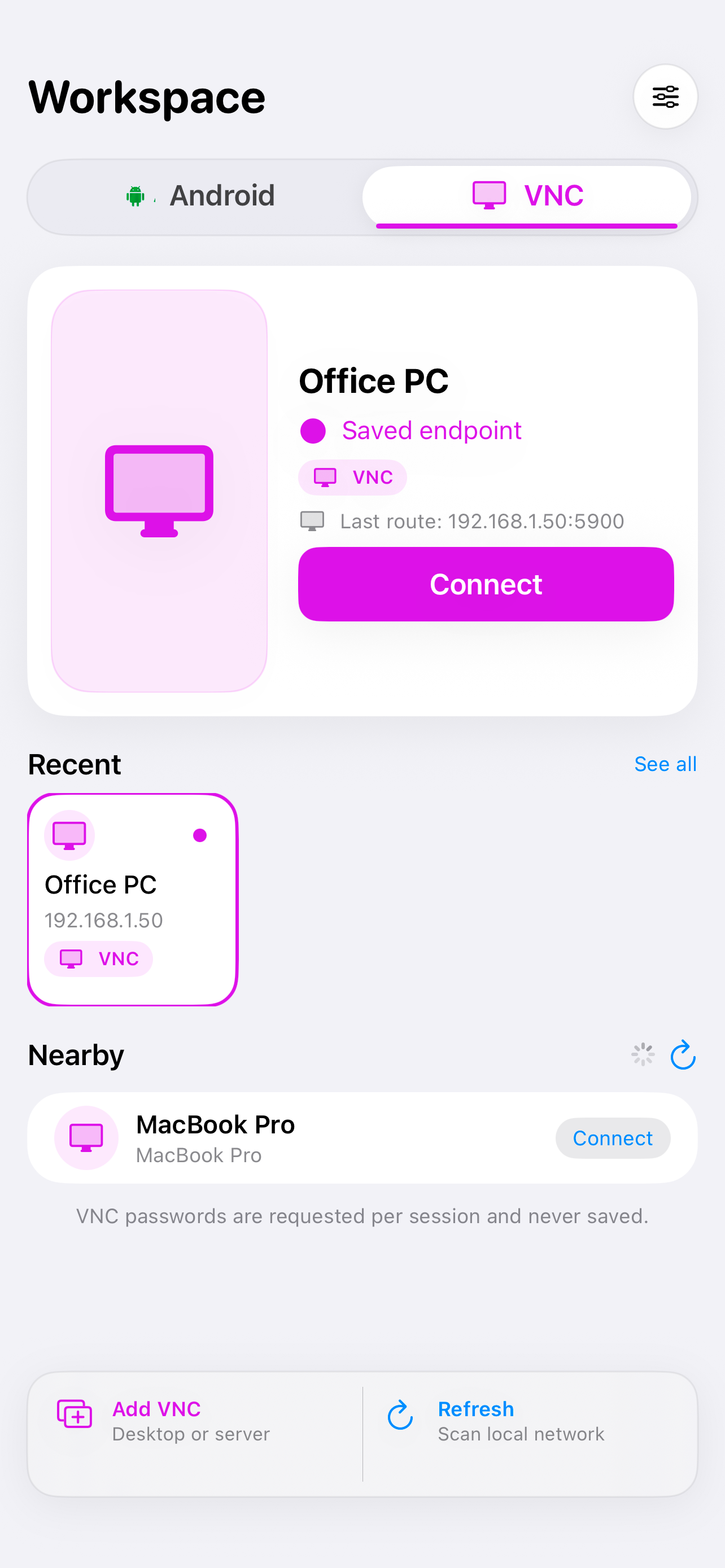 RemoteOrbit VNC connection workspace in English